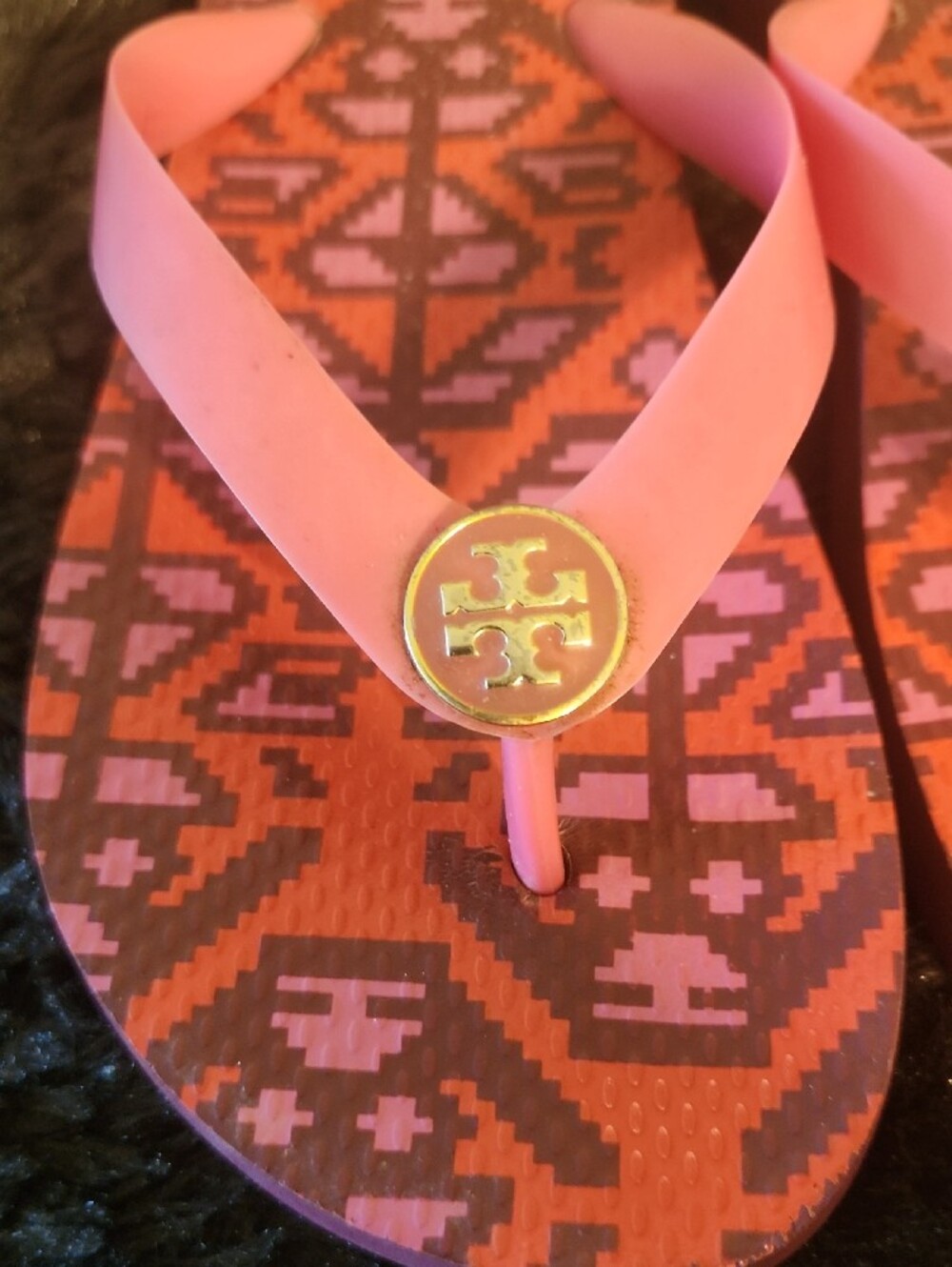 Tory Burch Pink and Purple Patterned Flip Flop Sandals - Picture 2 of 6